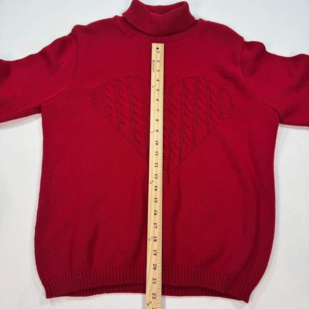 Coldwater Creek Red Heart Cable Knit Turtleneck Sweater Womens Medium Cotton USA